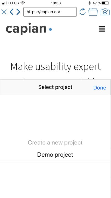 Screenshot of Capian's app to help review UX on mobile