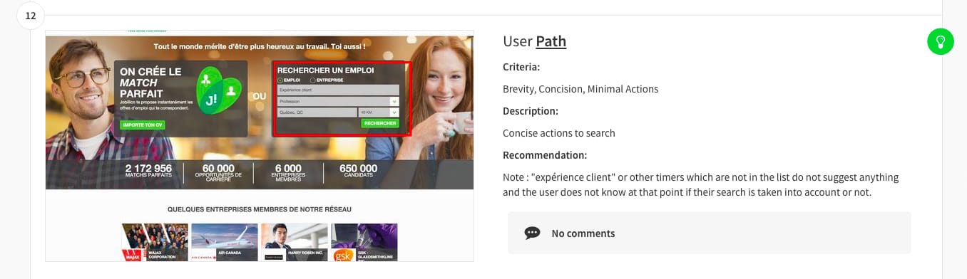 Example of a quick UX review: Jobillico